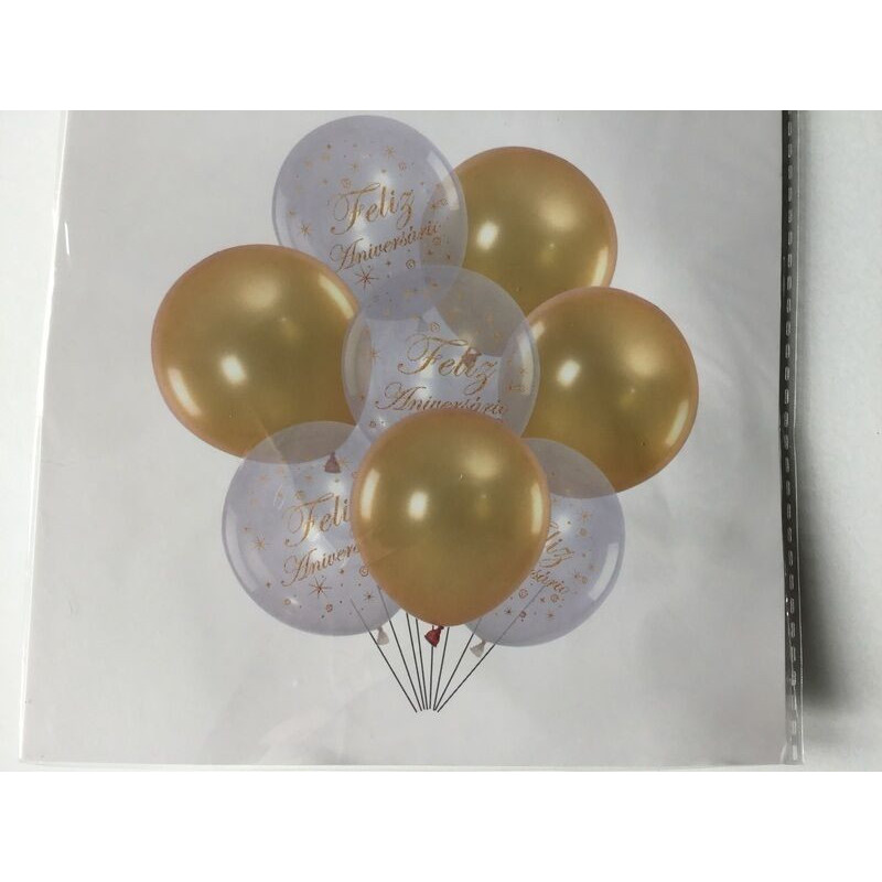 6 balões latex feliz aniversário clear e dourado  25 cm