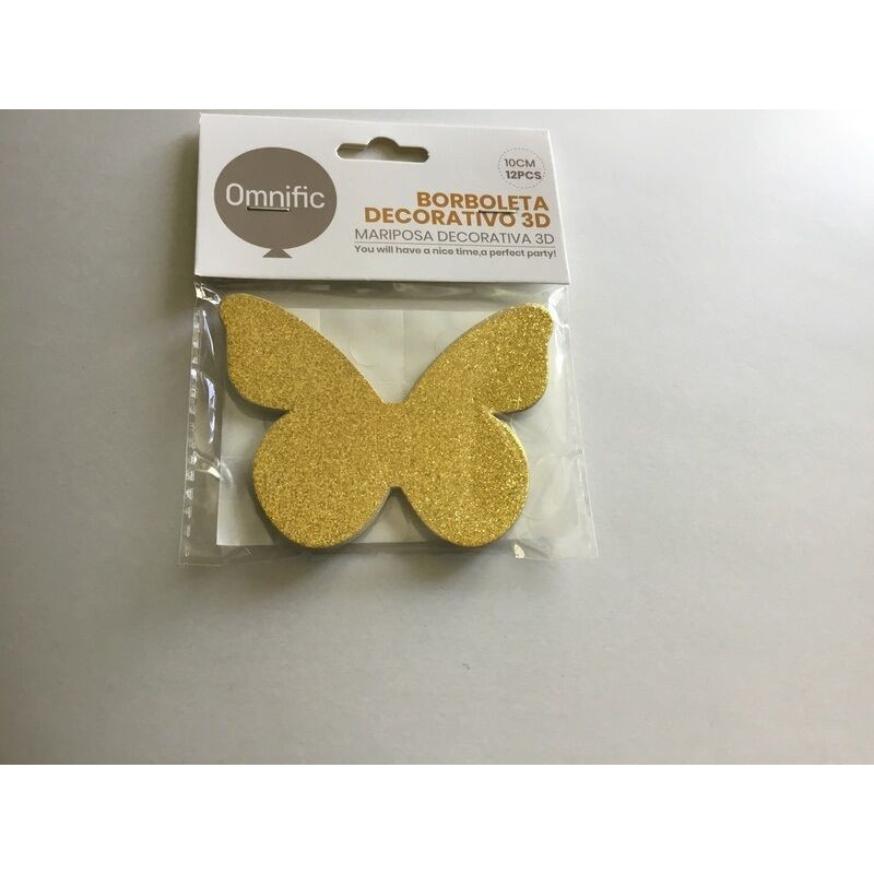 12 borboletas decorativas 3D 10 cm dourado