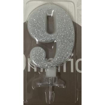 Vela 7 cm prata com brilhantes nº 9