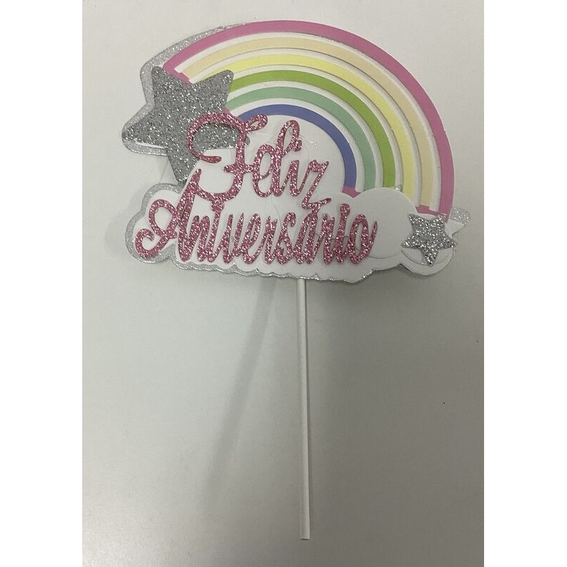 Topo de bolo arco iris rosa com luzes