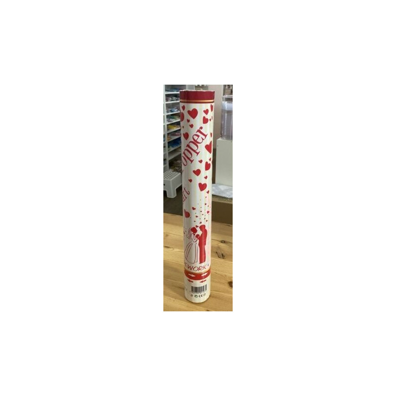 Lanca Confettis 40cm coracoes de papel vermelho e imagem dos noivos em foil vermelho metalizado