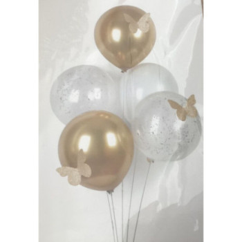 Kit de balões metalizados com suportes 5 pcas ouro e branco