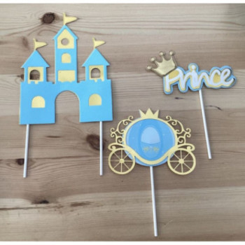 Topo de bolo 3 pcas azul Princesa azul  e dourado 21,5cm
