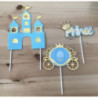 Topo de bolo 3 pcas azul Princesa azul  e dourado 21,5cm