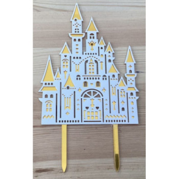 Topo de bolo acrílico castelo  branco e dourado 16,5 cm