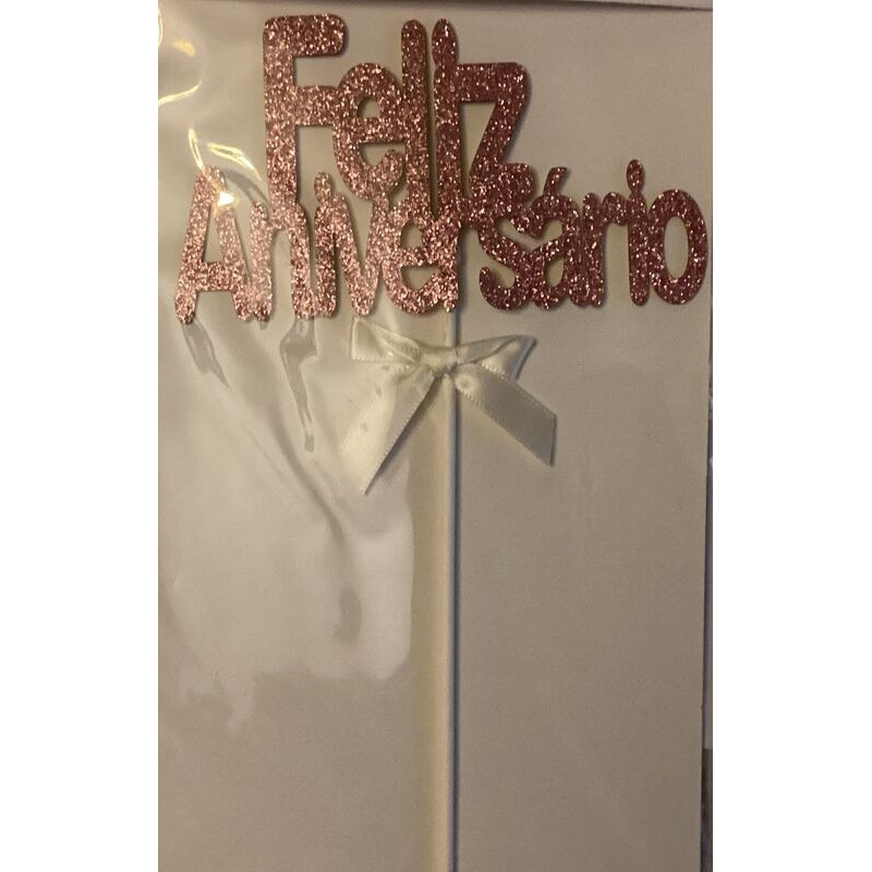 Topo de bolo Feliz aniversário rosa com brilhantes 19,5cm