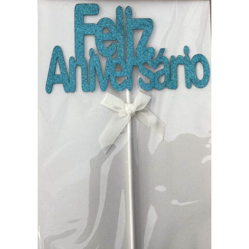 Topo de bolo Feliz Aniversário  azul 19,5cm