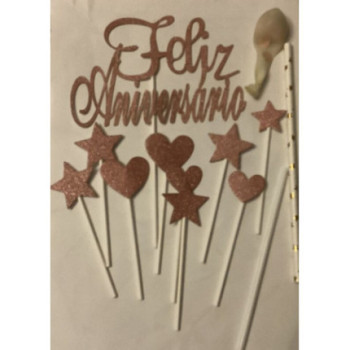 Kit topo de bolo feliz aniversário 11 peças rose gold