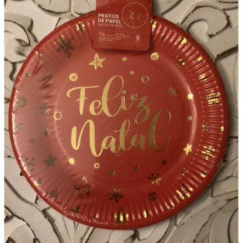 6 pratos de papel 22.5 cm vermelhos Feliz Natal