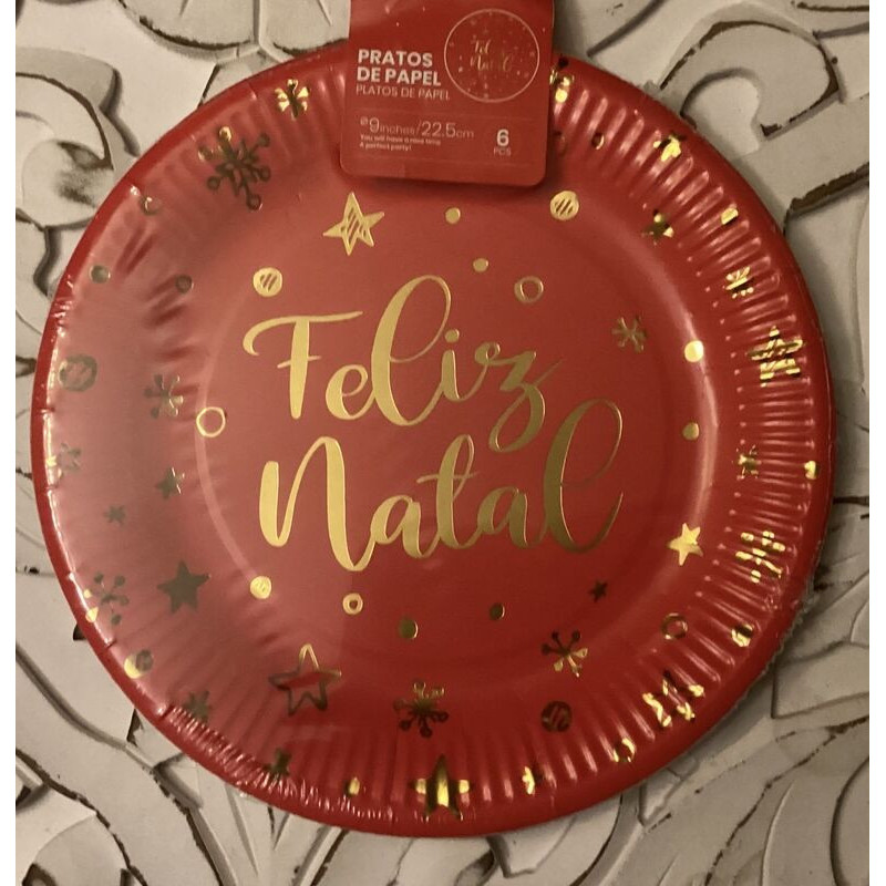 6 pratos de papel 22.5 cm vermelhos Feliz Natal