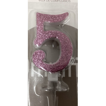Vela 7cm rosa com brilhantes nº5
