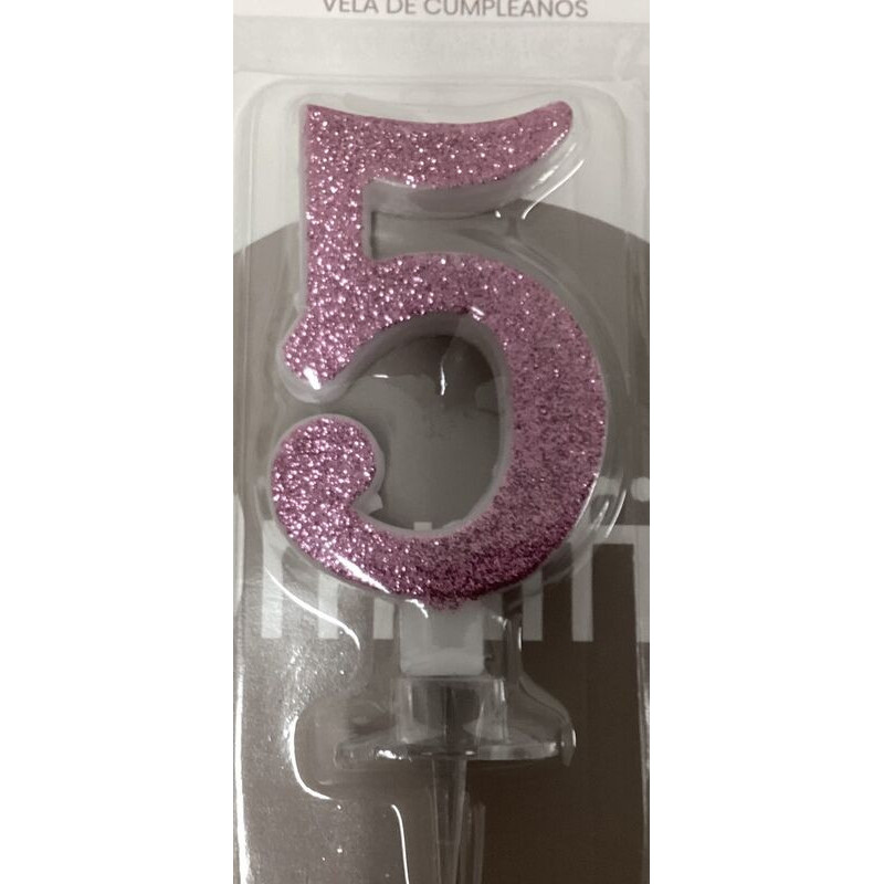 Vela 7cm rosa com brilhantes nº5