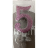 Vela 7cm rosa com brilhantes nº5