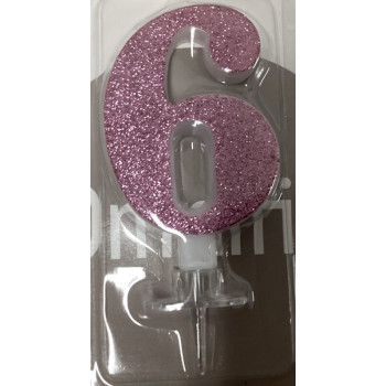 Vela 7cm rosa com brilhantes nº6