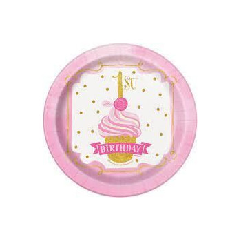 8 pratos 17,1 cm 1. Aniversário rosa e dourado