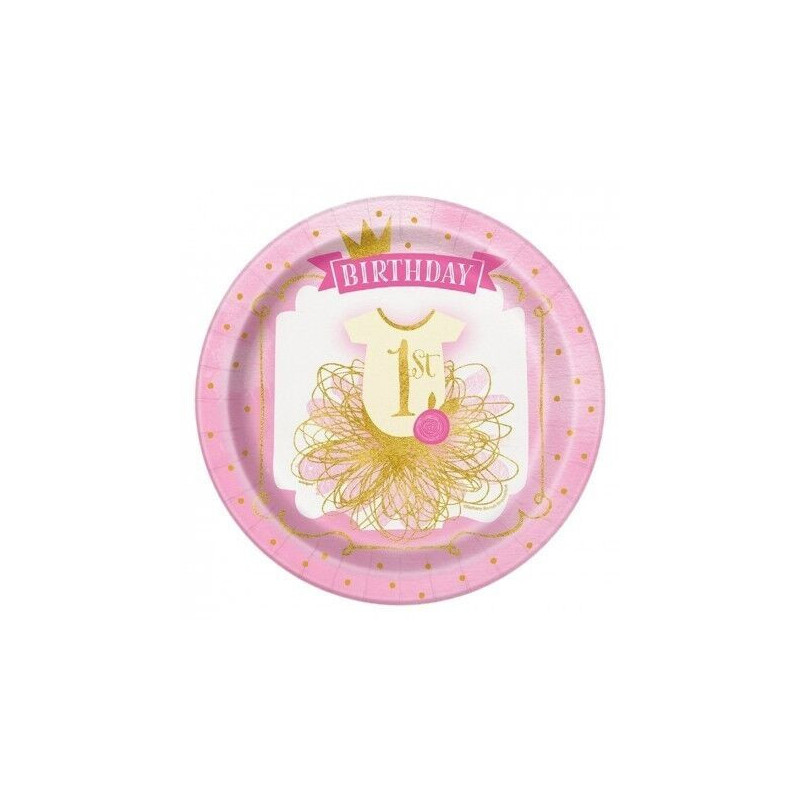 8 pratos 21,9 cm 1. Aniversário rosa e dourado