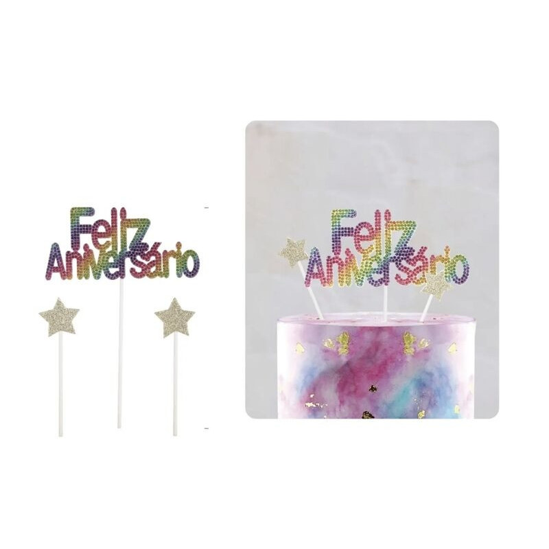 Topo de bolo Feliz Aniversário cores neon 17,5cm