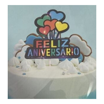 Topo de bolo Feliz Aniversário colorido com corações 22cm