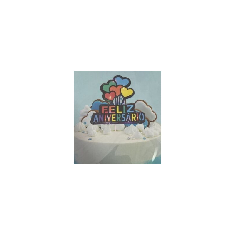 Topo de bolo Feliz Aniversário colorido com corações 22cm