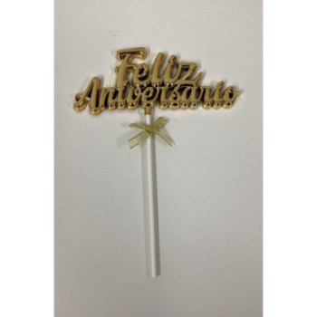 Topo de bolo Feliz Aniversário dourado 18,5cm