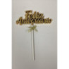 Topo de bolo Feliz Aniversário dourado 18,5cm