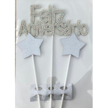 Topo de bolo Feliz Aniversário Prata 17,5cm