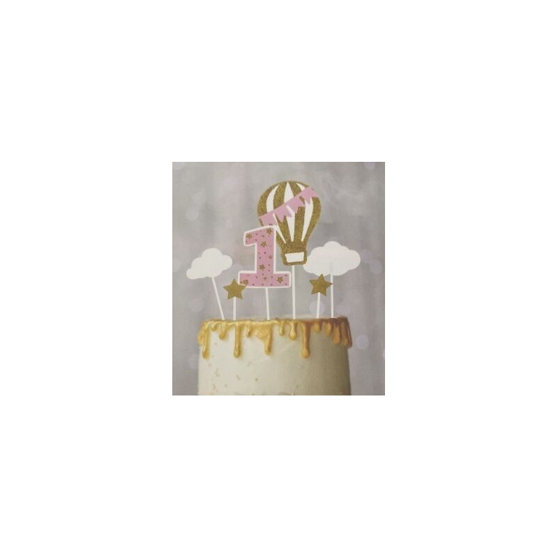 Topo de bolo balão de ar quente 1º anivesário rosa 20cm - 6 pças