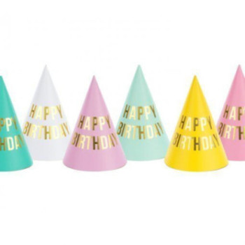 6 chapéus cores Happy Birthday 16 cm