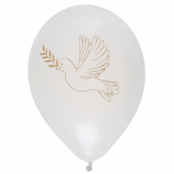 8 balões latex 25 cm brancos com pomba dourada