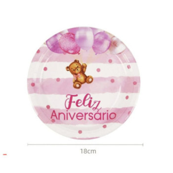 6 pratos 18 cm ursinho rosa
