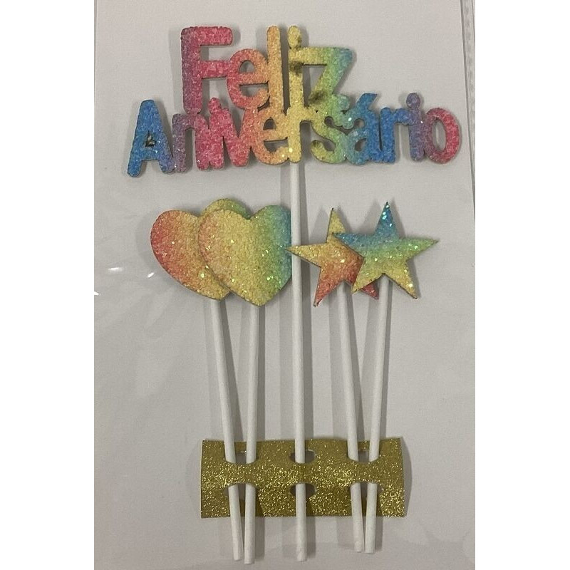 Topo de bolo feliz aniversário colorido 18,5cm