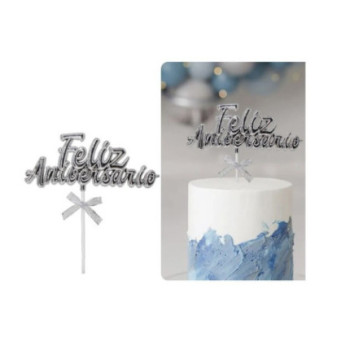 Topo de bolo feliz aniversário prata 18,5cm