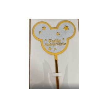 Topo de Bolo cabeça de Mickey prata e ouro Feliz Aniversário