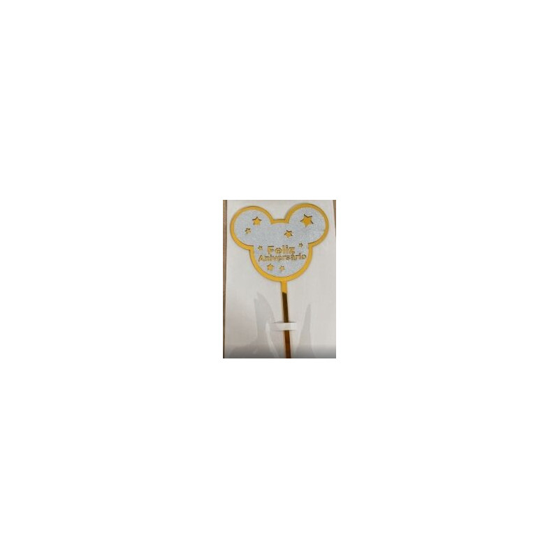 Topo de Bolo cabeça de Mickey prata e ouro Feliz Aniversário