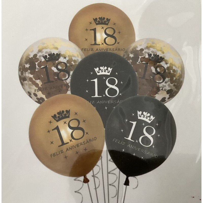 6 balões de latex 30cm preto e ouro 18 anos