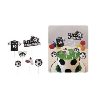Topo de bolo futebol preto e branco 6 peças 18,5cm