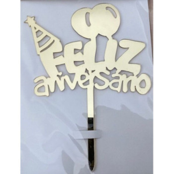 Topo de bolo Feliz Aniversário dourdo 17,10cm