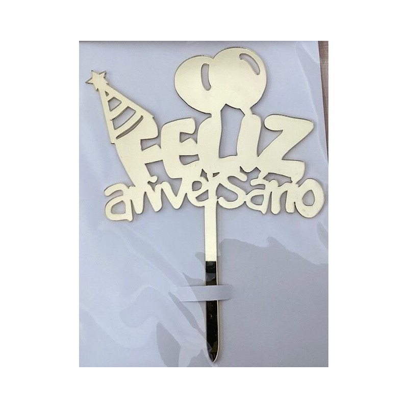 Topo de bolo Feliz Aniversário dourdo 17,10cm