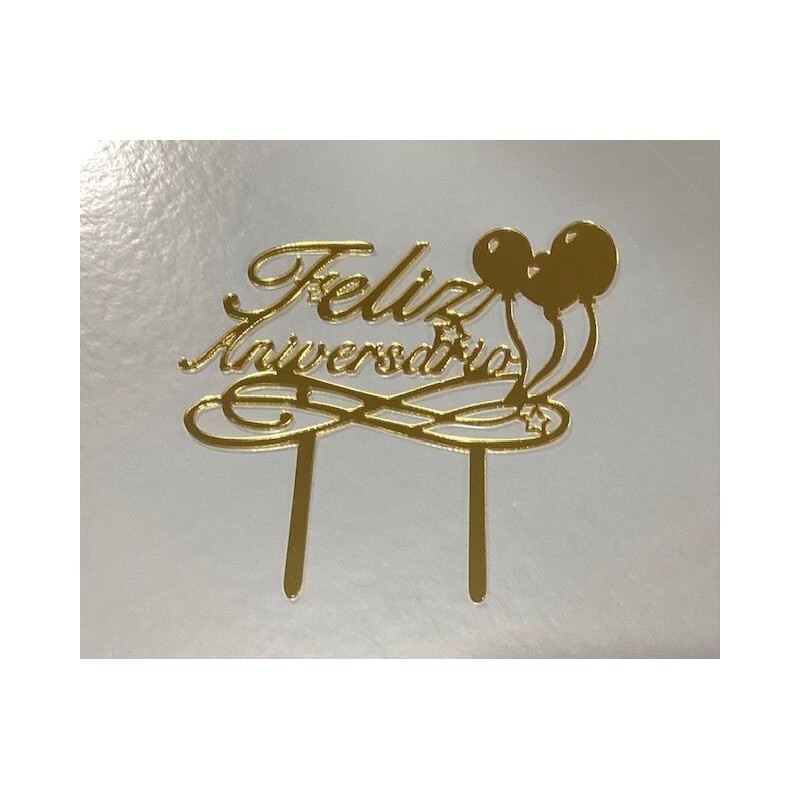 Topo de bolo feliz aniversário dourado 14,5cm