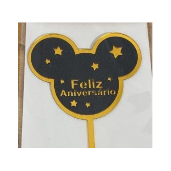 Topo de Bolo cabeça de Mickey preto  e ouro Feliz Aniversário