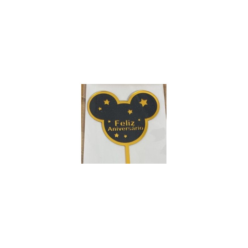 Topo de Bolo cabeça de Mickey preto  e ouro Feliz Aniversário