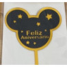 Topo de Bolo cabeça de Mickey preto  e ouro Feliz Aniversário