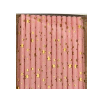 25 palhinhas rosa com estrelas douradas