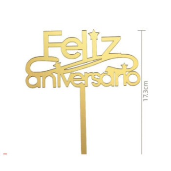 Topo de bolo feliz aniversário dourado 17,3cm