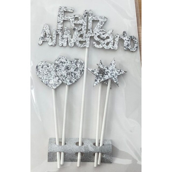 Topo de bolo feliz aniversário prata