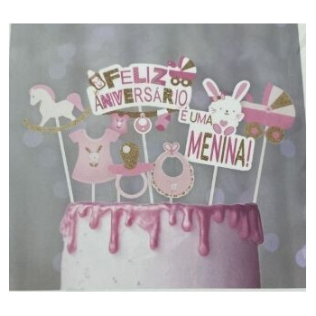 Topo de bolo rosa feliz aniversário- é uma menina 19,8cm
