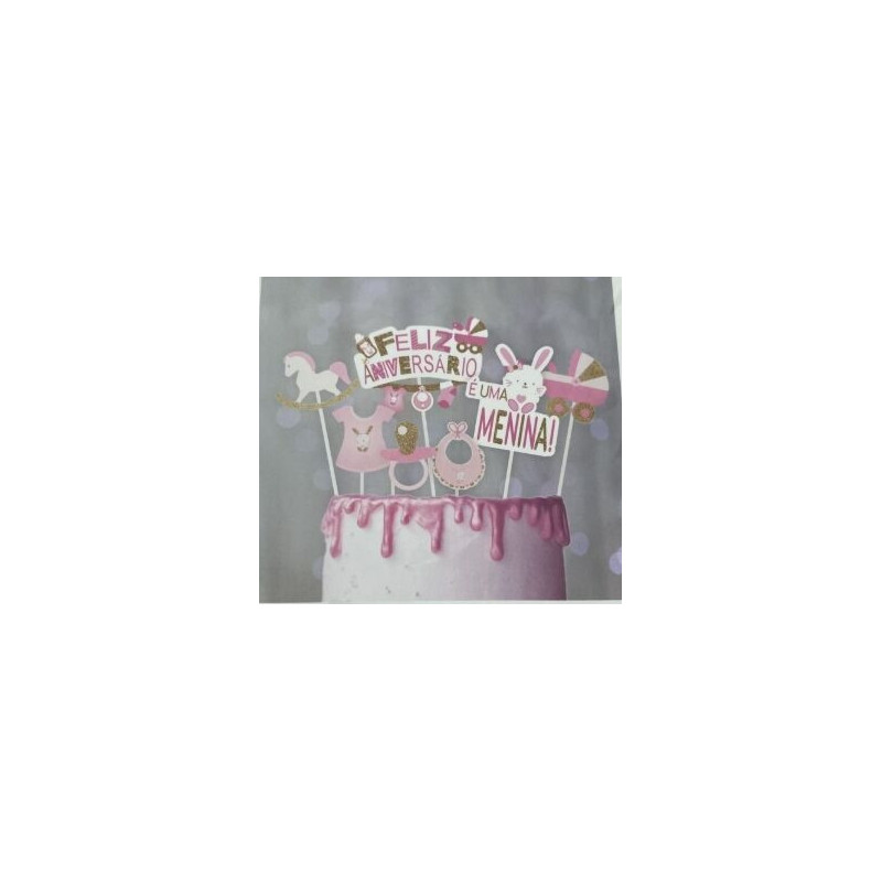 Topo de bolo rosa feliz aniversário- é uma menina 19,8cm