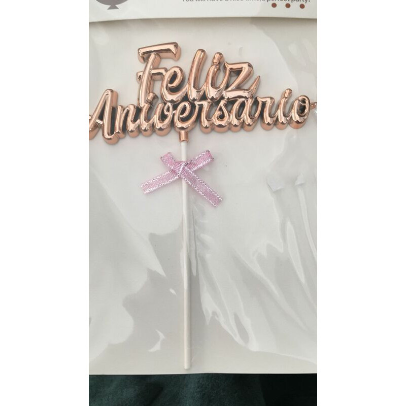 Topo de bolo feliz aniversário rose gold