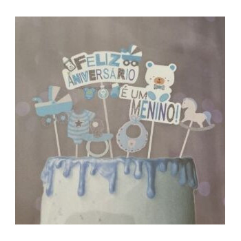 Topo de bolo feliz aniversário -É um menino 7 peças azul