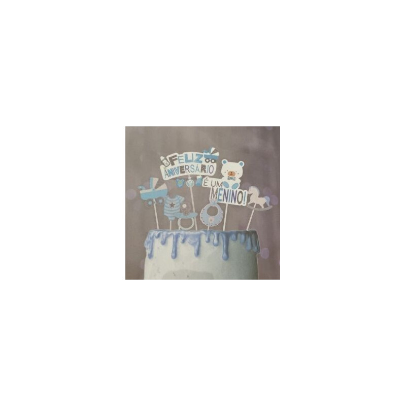 Topo de bolo feliz aniversário -É um menino 7 peças azul